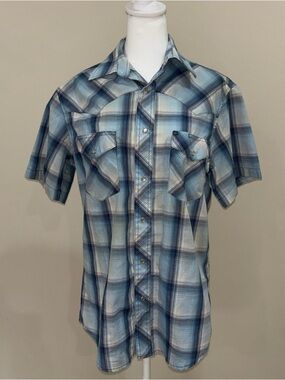 Wrangler Blue Plaid Short-Sleeve Button-Down Shirt